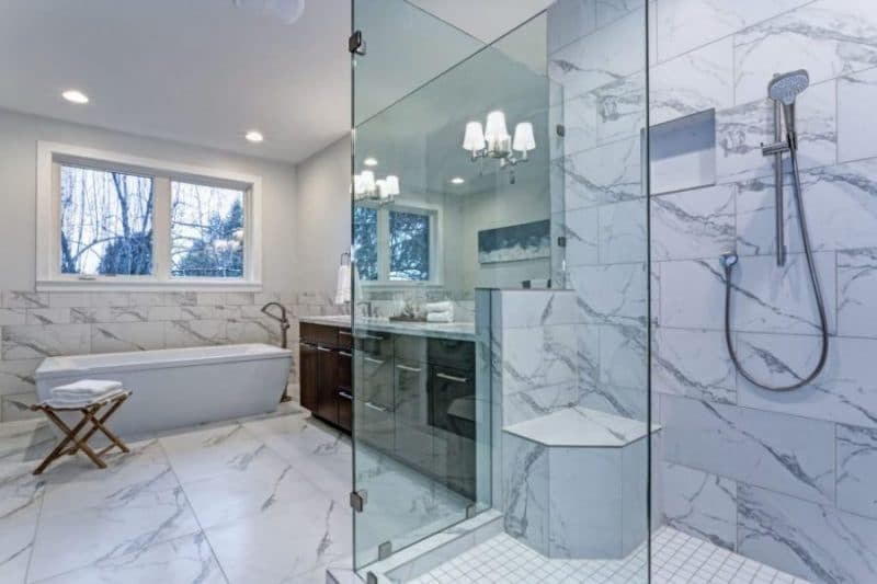 1/2" glass shower door marble tile floor